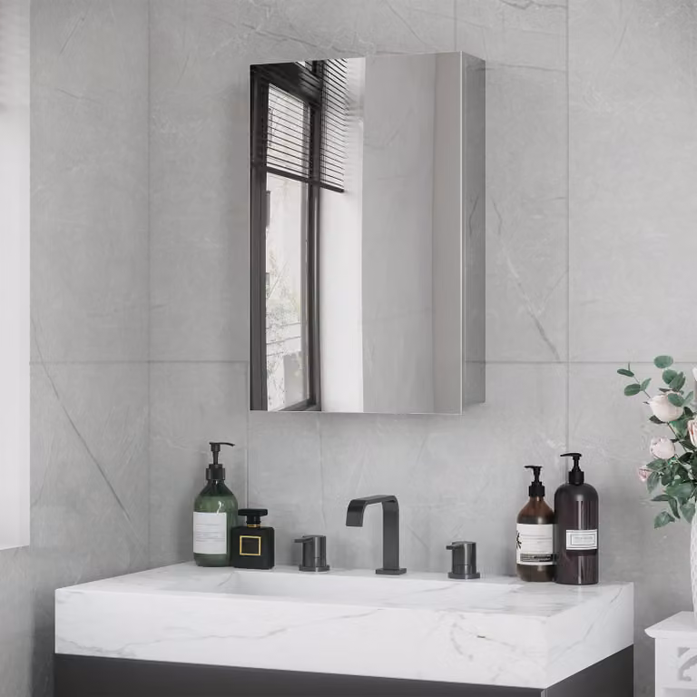 Specchio da bagno - Mobiletto con specchio - Mobile da bagno - Specchio da parete - Mobiletto contenitore - Cornice in acciaio inossidabile - 39x12x60 cm