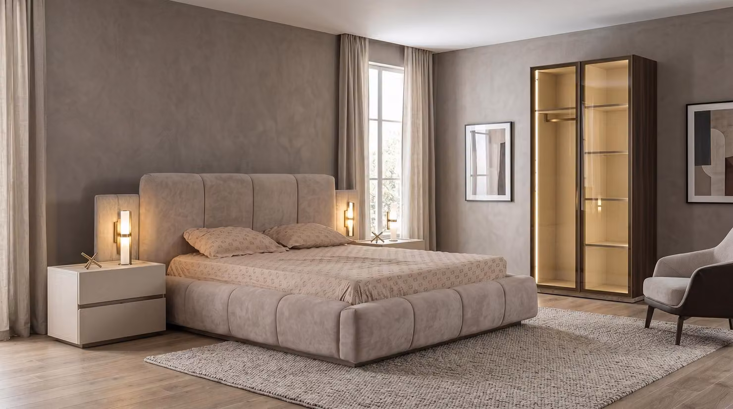 Set moderno per camera da letto: letto beige, 2 comodini, armadio e sistema contenitore, stile lussuoso