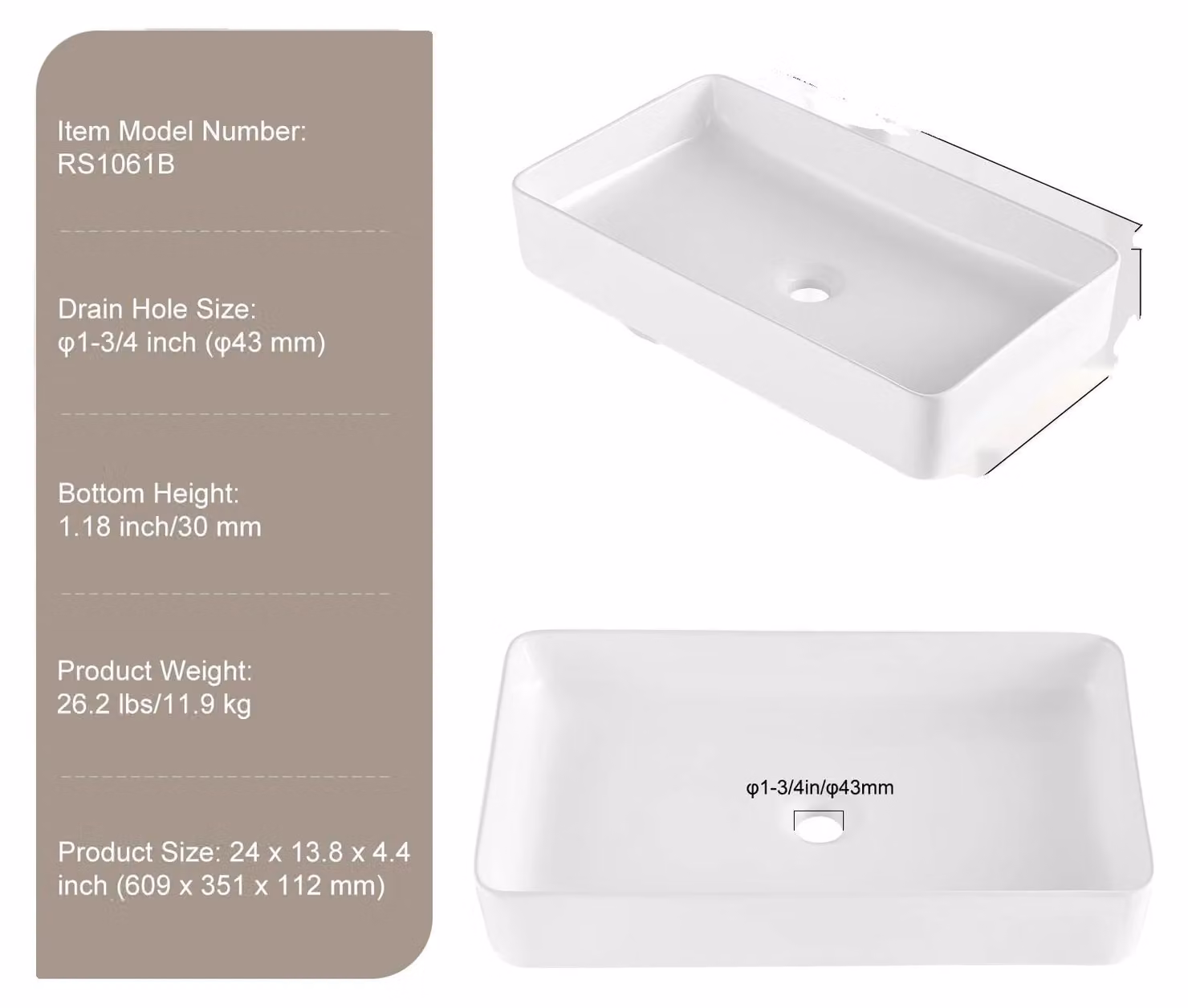 Lavabo, forma rettangolare, materiale ceramico resistente, dimensioni 24x13,8 pollici