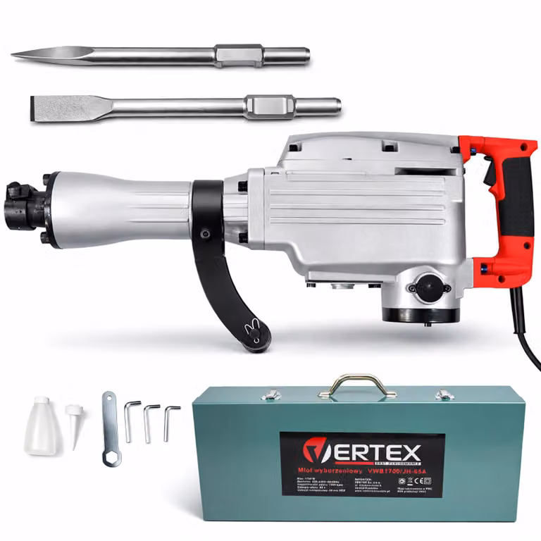 Martello demolitore a percussione esagonale, Vertex, 1700 W, energia di percussione 60 J, 2 scalpelli piatti, valigetta metallica, serbatoio dell'olio