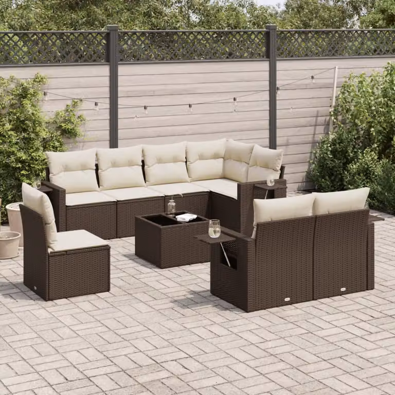 Set di divani da giardino vidaXL 9 pezzi in polyrattan marrone con cuscini e tavolino da esterno a forma di L