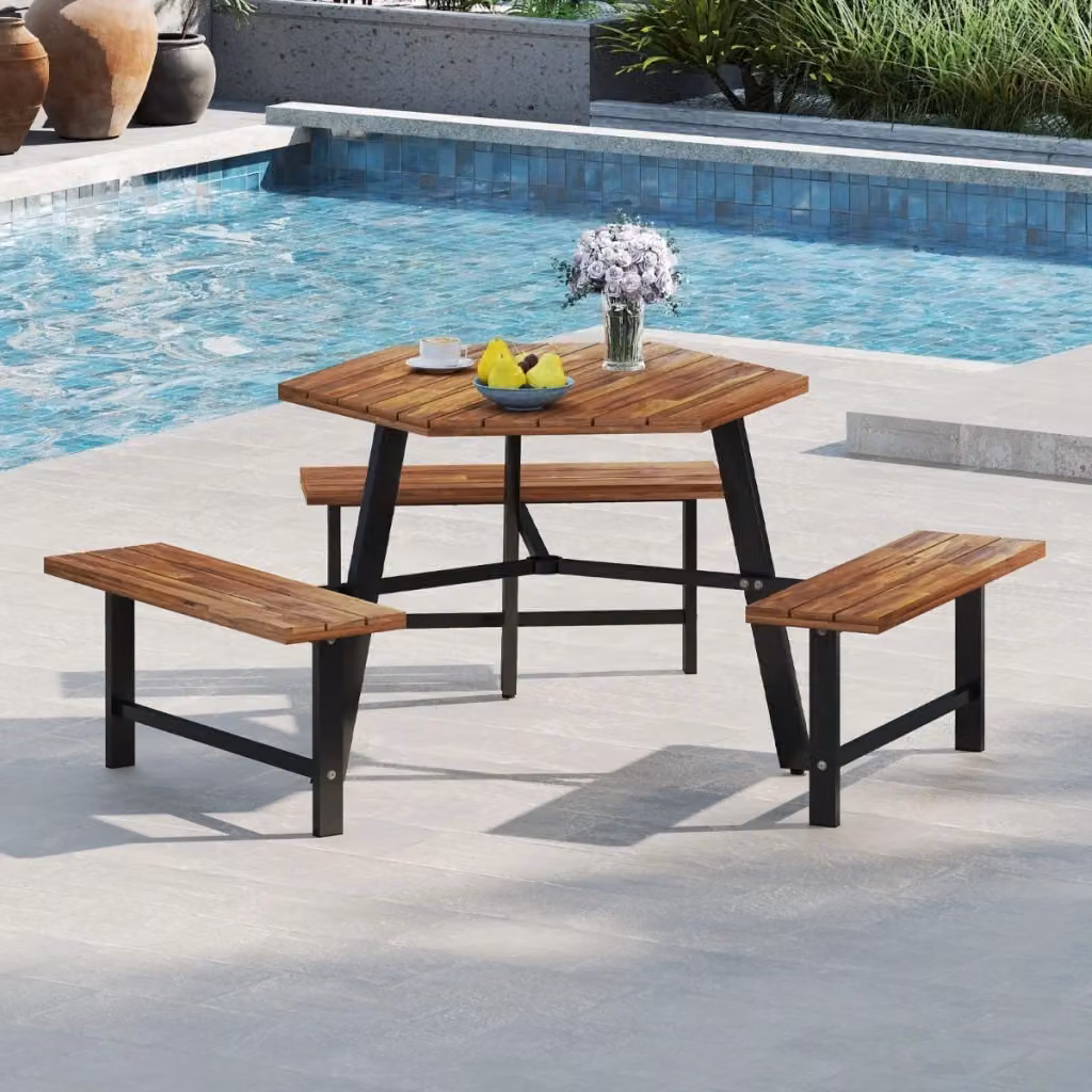Set tavolo da pranzo con panchine in legno di acacia marrone per 6 persone con foro per ombrellone e altezza regolabile – 2