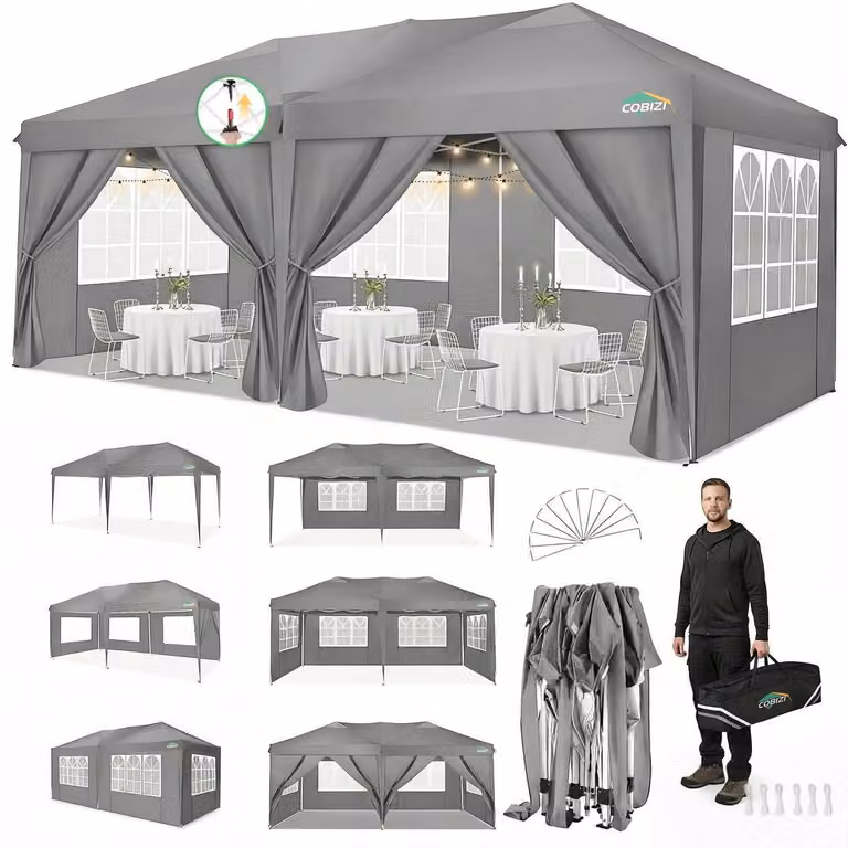 Gazebo da esterno 3x6 metri, grigio, con 6 pareti laterali, impermeabile, con protezione UV e struttura stabile