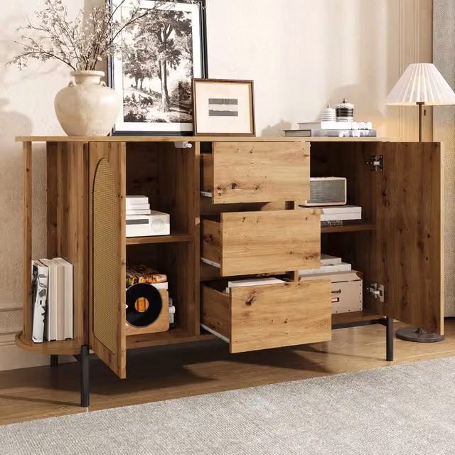 Madia ovale con ante scorrevoli ante in rattan e 3 cassetti ripiani regolabili MDF naturale 140 × 38 × 77;5 cm
