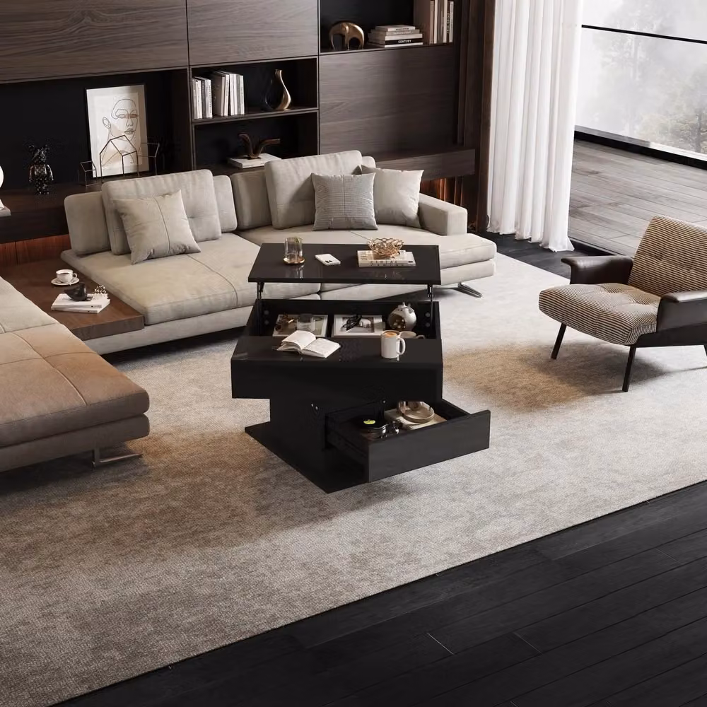 Tavolino da caffè MINIMAL con piano rotante e cassetto, Nero Lucido, L 70 cm x P 70 cm x H 45 cm – 2