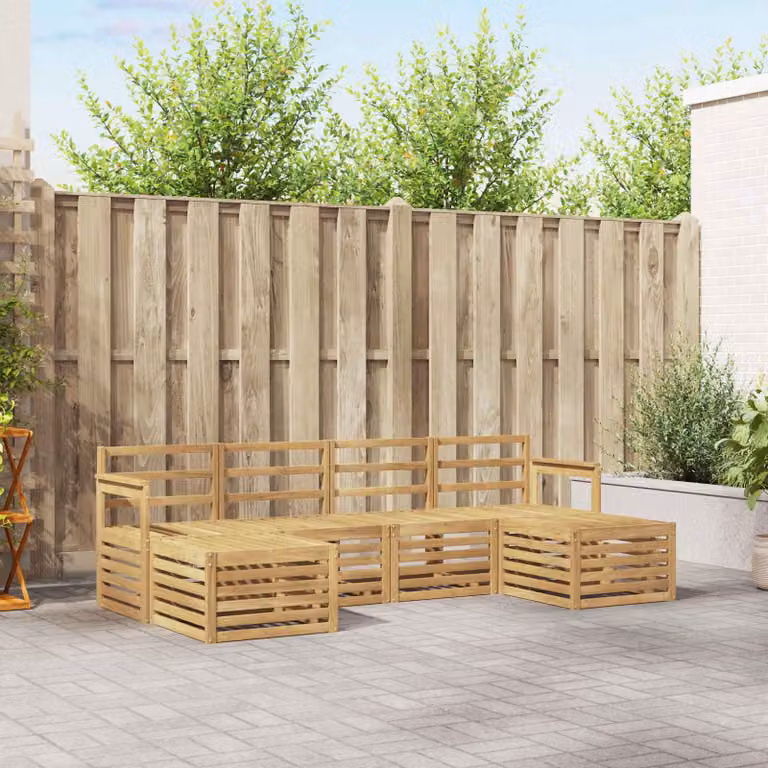 Set di divani da esterno vidaXL a forma di L composto da 5 pezzi in legno di acacia massello con cuscini bianchi e marroni