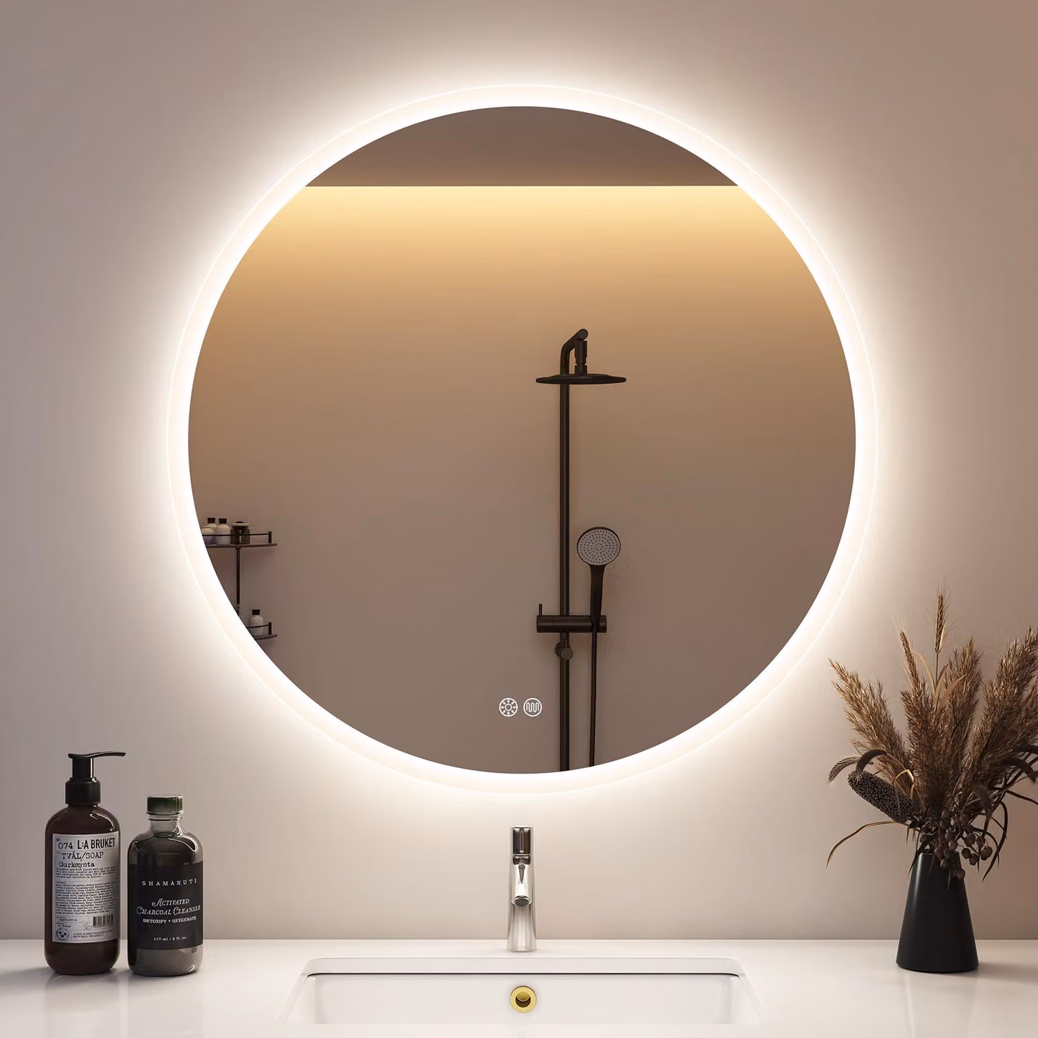 Specchio da bagno a LED, forma circolare, diametro 80 cm, con funzione di dimmerazione, 3 colori, antigoccia, grado di protezione IP44