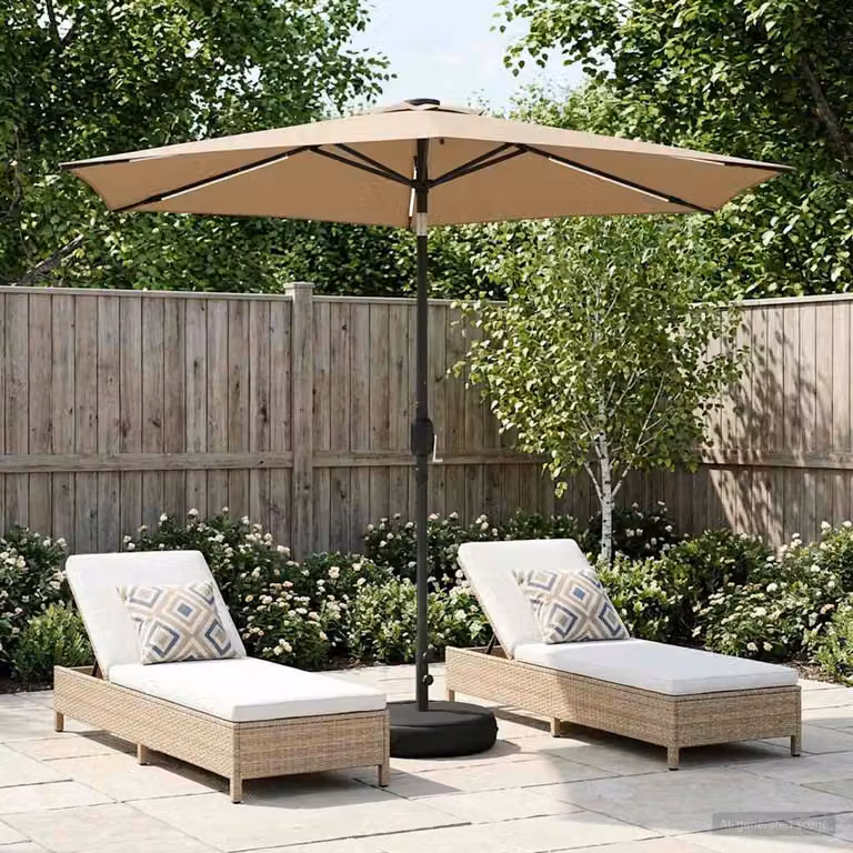 Parasol da giardino con luci LED e base vidaXL in poliestere, disponibile in beige o grigio, L: 270 cm x P: 270 cm