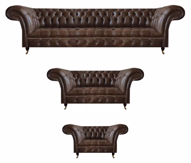 Braune Chesterfield Ledergarnitur Wohnzimmer 4-Sitzer Zweisitzer Sessel