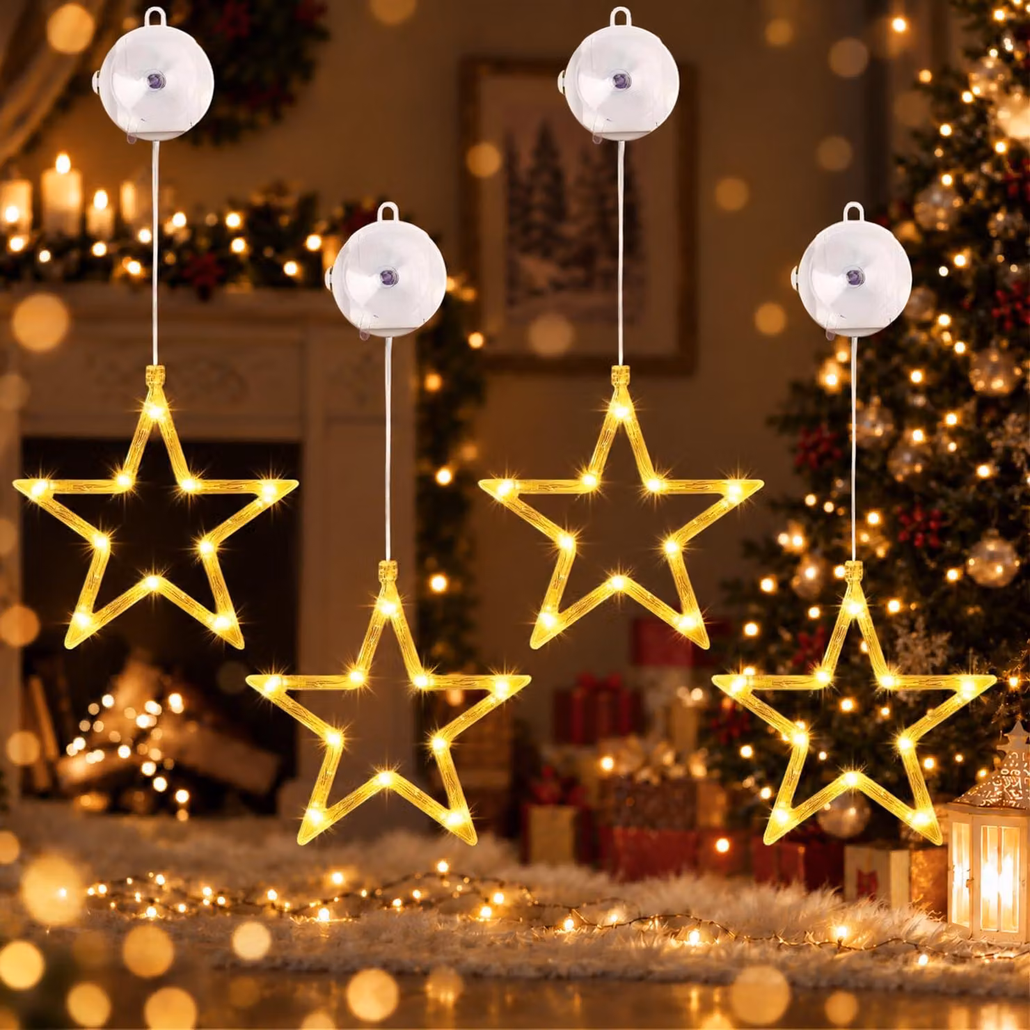 Set di 4 luci decorative per finestre a forma di stella, con 10 LED bianco caldo, alimentate a batteria e dotate di timer