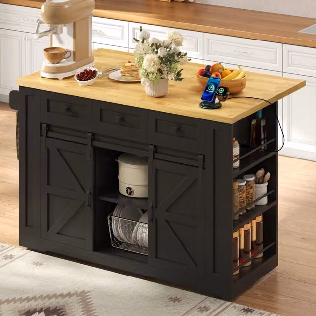 Isola da cucina mobile, carrello da cucina, credenza da sala da pranzo, piano di lavoro pieghevole, 3 cassetti, ante scorrevoli, con presa di corrente, color legno naturale e nero