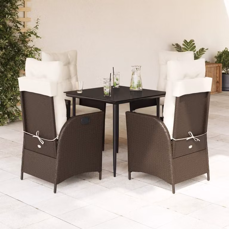 Set da Pranzo da Giardino 5pz vidaXL in Polyrattan Marrone con Piano in Vetro e Cuscini