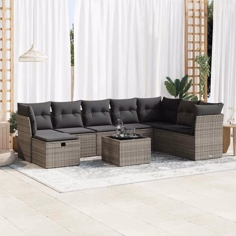 Set Divano da Giardino vidaXL 9 pz in Polyrattan Grigio con Cuscini e Tavolino