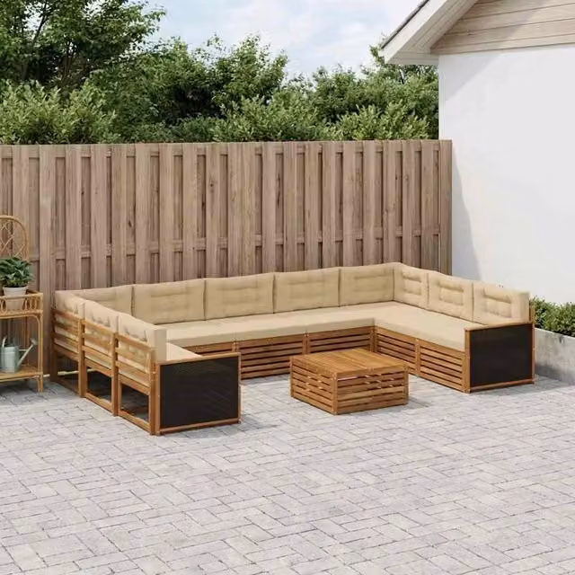 Set di divani da esterno a forma di U vidaXL in legno di acacia con cuscini beige e sabbia