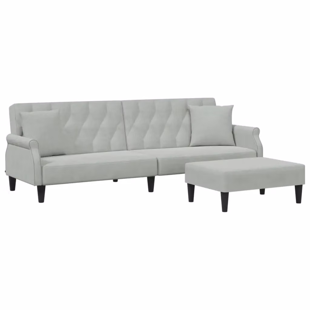 vidaXL Divano Letto 2 Posti Click-Clack in Velluto Grigio con Cuscini e Poggiapiedi, Struttura in Legno Massello e Poggiapiedi Coordinato, L: 216 cm, P: 70 cm, H: 84,5 cm – 2