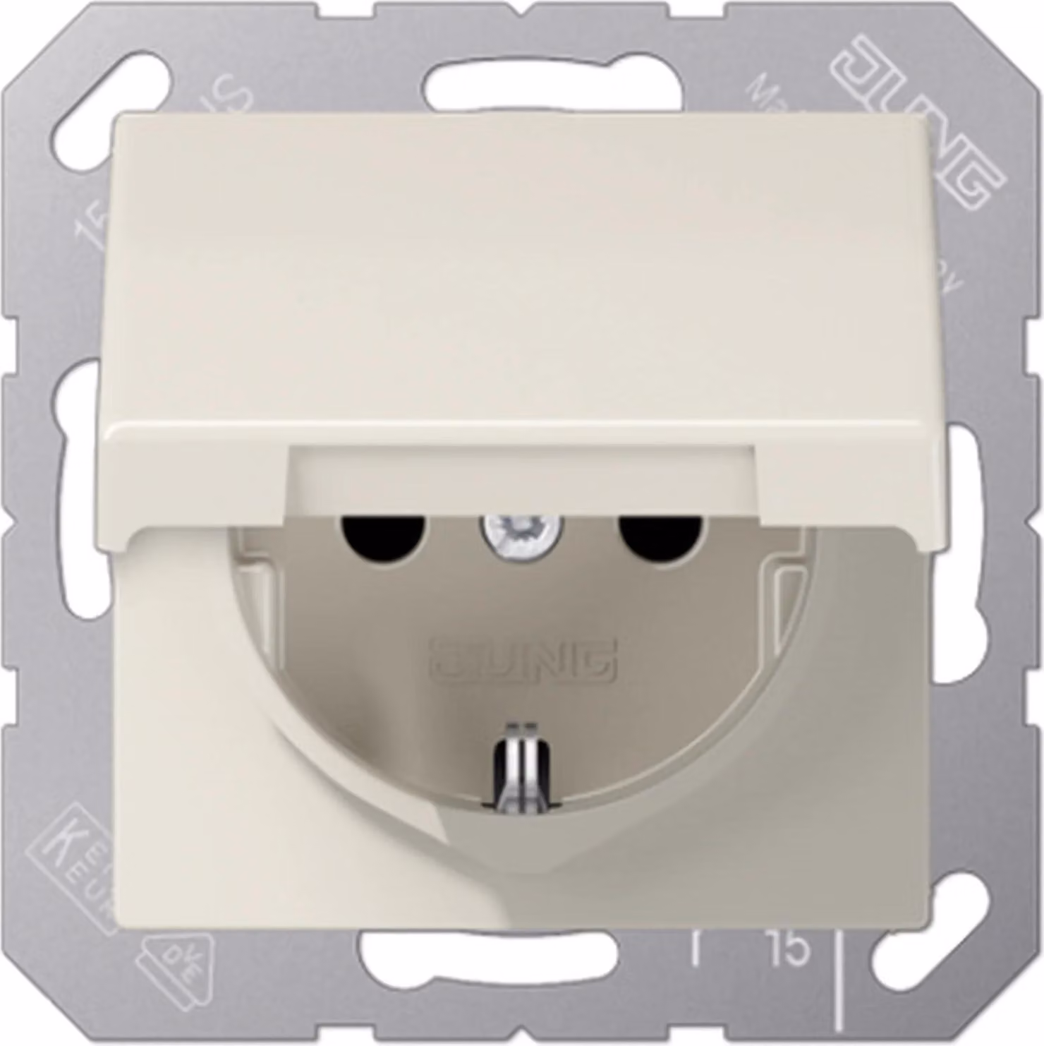 Presa Jung SCHUKO, 16 A 250 V ~, senza zanche, protezione tattile avanzata integrata, coperchio a cerniera, termoplastica, serie AS, bianco AS1520BFKIKL