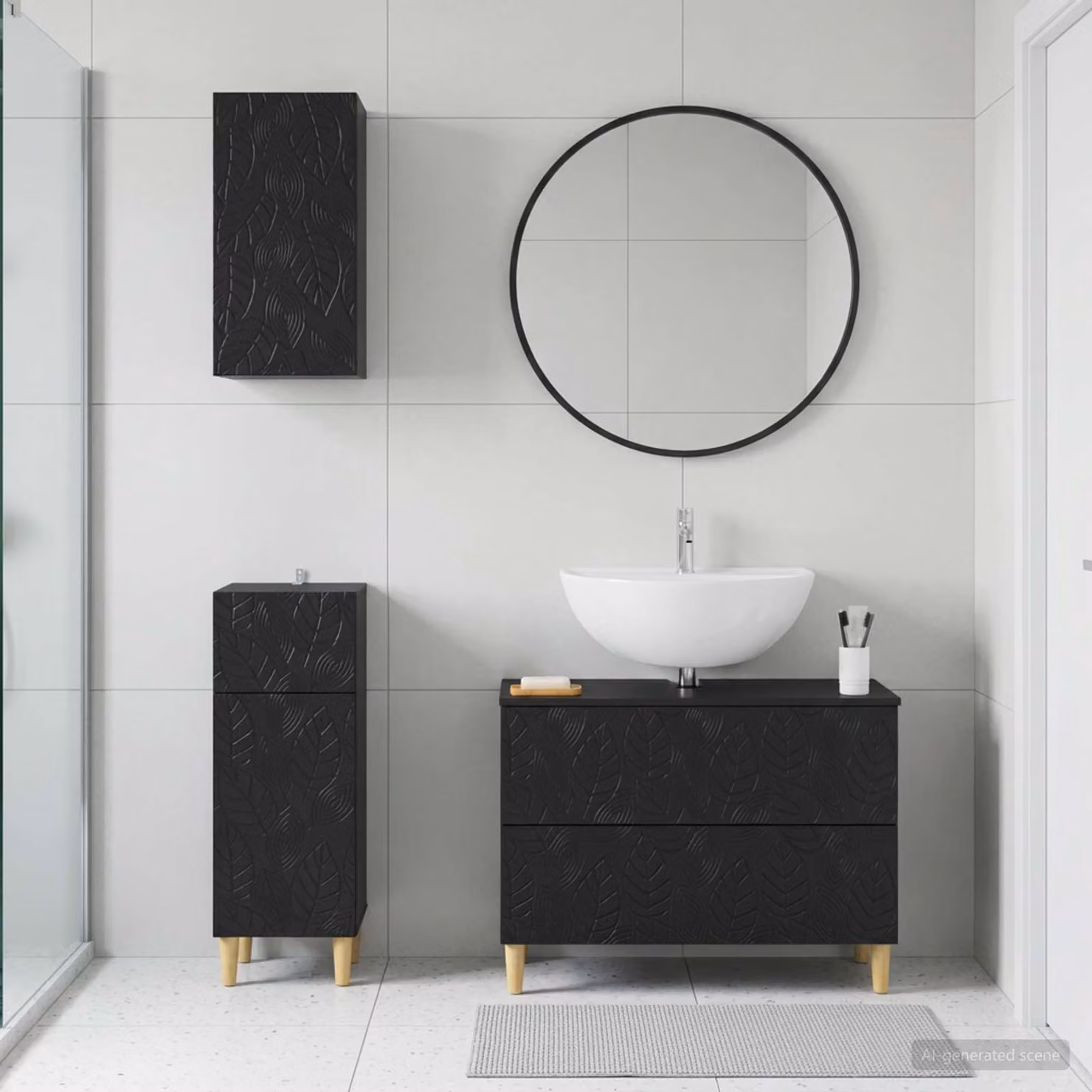 Set di armadietti da bagno moderni vidaXL DELFT in 3 pezzi, colore nero opaco, con mobile sottolavabo e pensili a muro