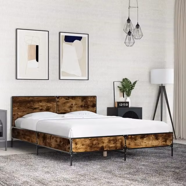 Letto Giroletto vidaXL in Rovere Fumo e Metallo con Doghe Fisse, L 120 x P 200 cm – 1