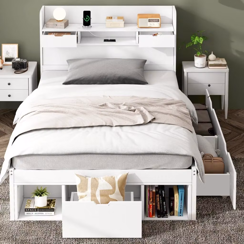 Letto singolo moderno in legno bianco con cassetti, armadio, ripiani e porte di ricarica USB e Type-C, L/P: 90 x 200 cm – 2