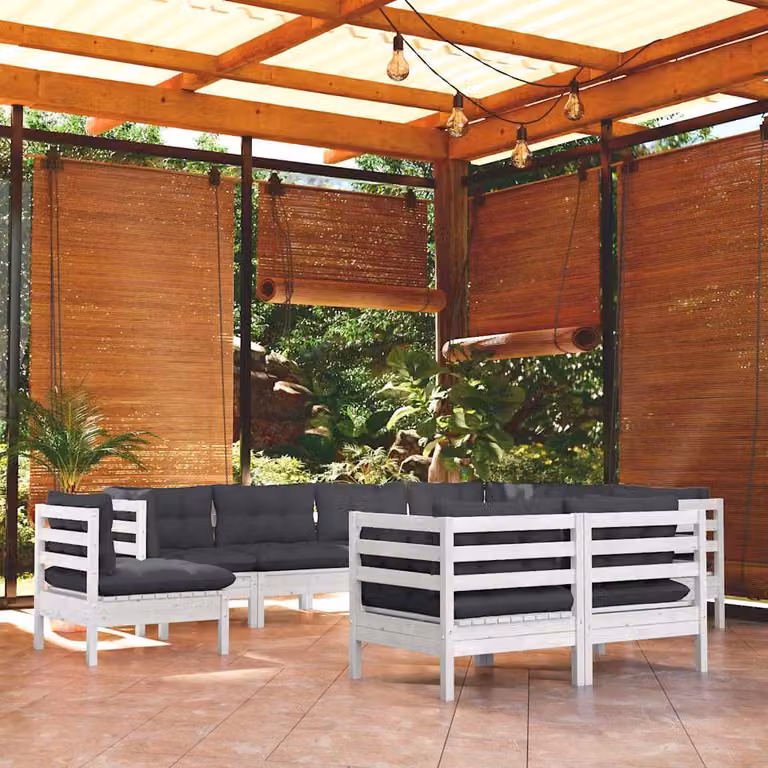Set di divani da giardino vidaXL a forma di L composto da 9 pezzi in legno di pino con cuscini bianchi e antracite