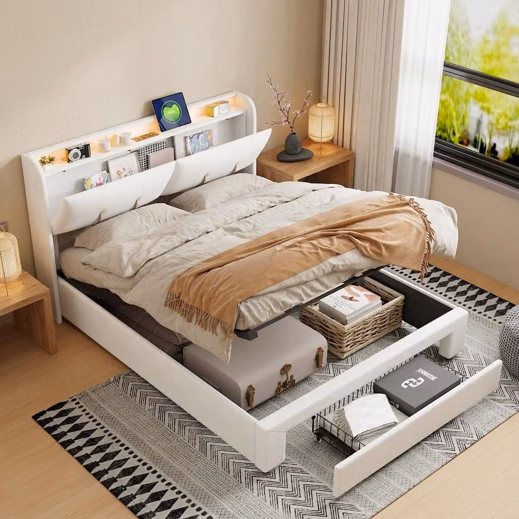 Letto matrimoniale con boxspring 140x200 cm, dotato di USB, contenitore, rete a molle e illuminazione LED. Letto per ragazzi, imbottito, con cassetti, in velluto, color beige