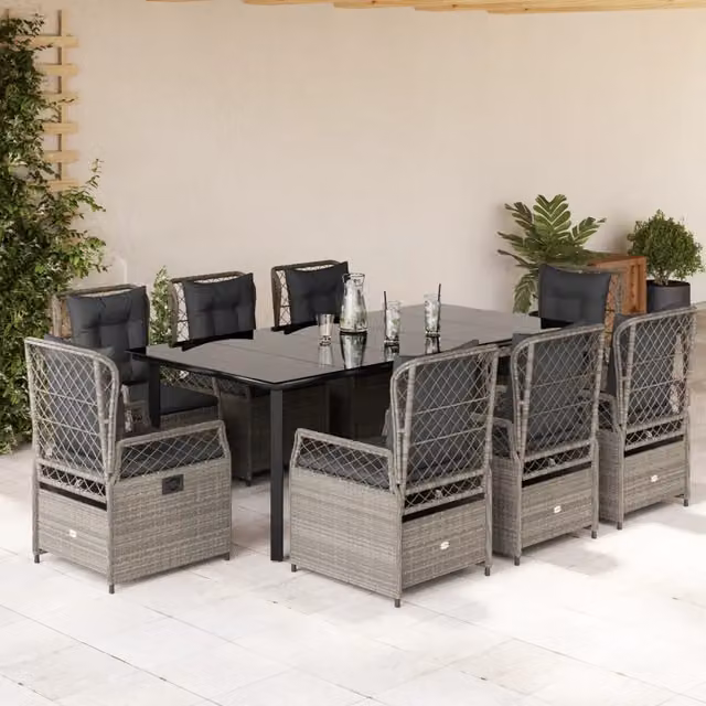 Set Pranzo da Giardino vidaXL in Polyrattan e Vetro con 9 Pezzi, Colore Nero e Grigio – 1