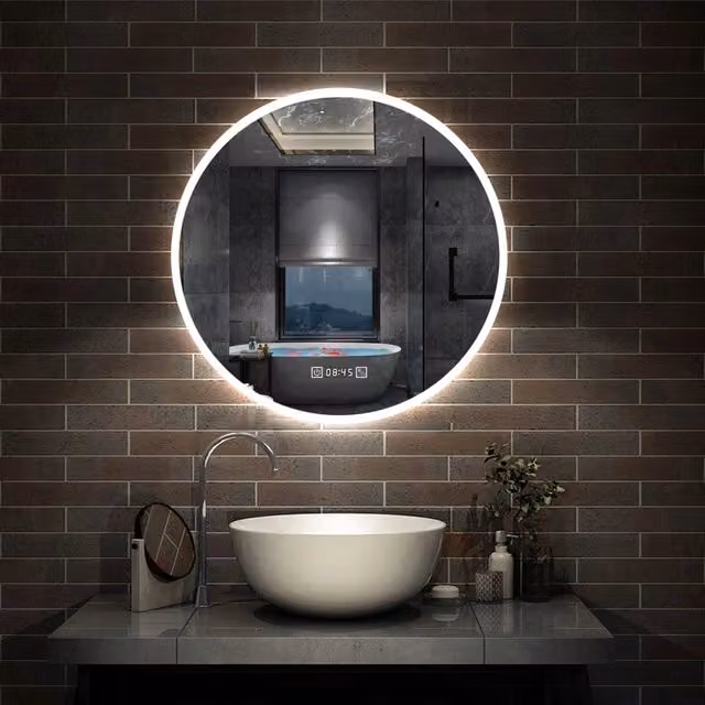 Specchio da bagno rotondo Aica Italy con LED, 3 temperature di colore, funzione antiappannamento e orologio, colore bianco, Diametro: 80 cm
