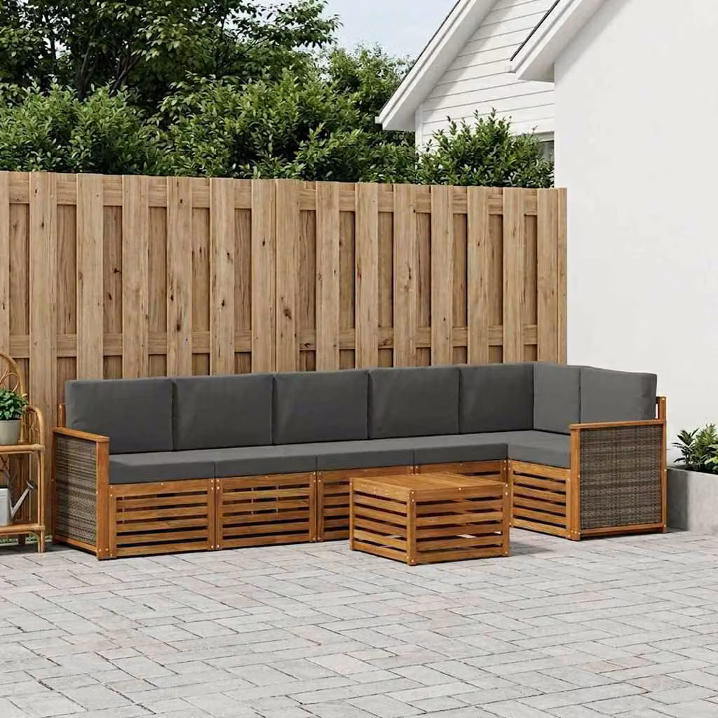 Set di divani da esterno vidaXL a forma di L in legno di acacia con tavolo da caffè e cuscini, Antracite e Marrone