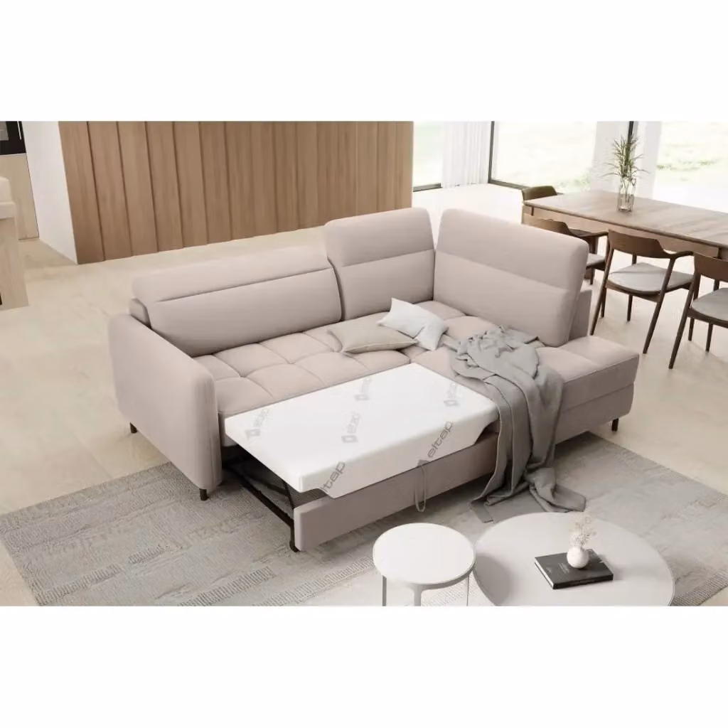 Divano angolare destro convertibile BARNEA MEUBLORAMA beige con contenitore e funzione letto, L 208 cm x P 100 cm x H 114 cm – 2