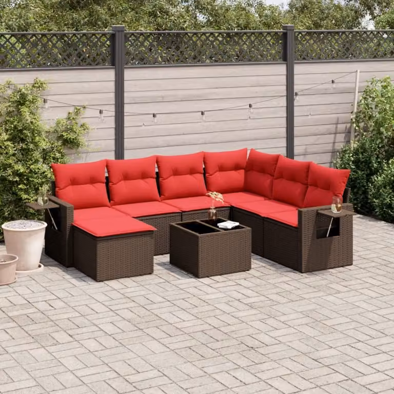 Set di divani da giardino vidaXL 8 pz in polyrattan marrone con cuscini e tavolino da esterno