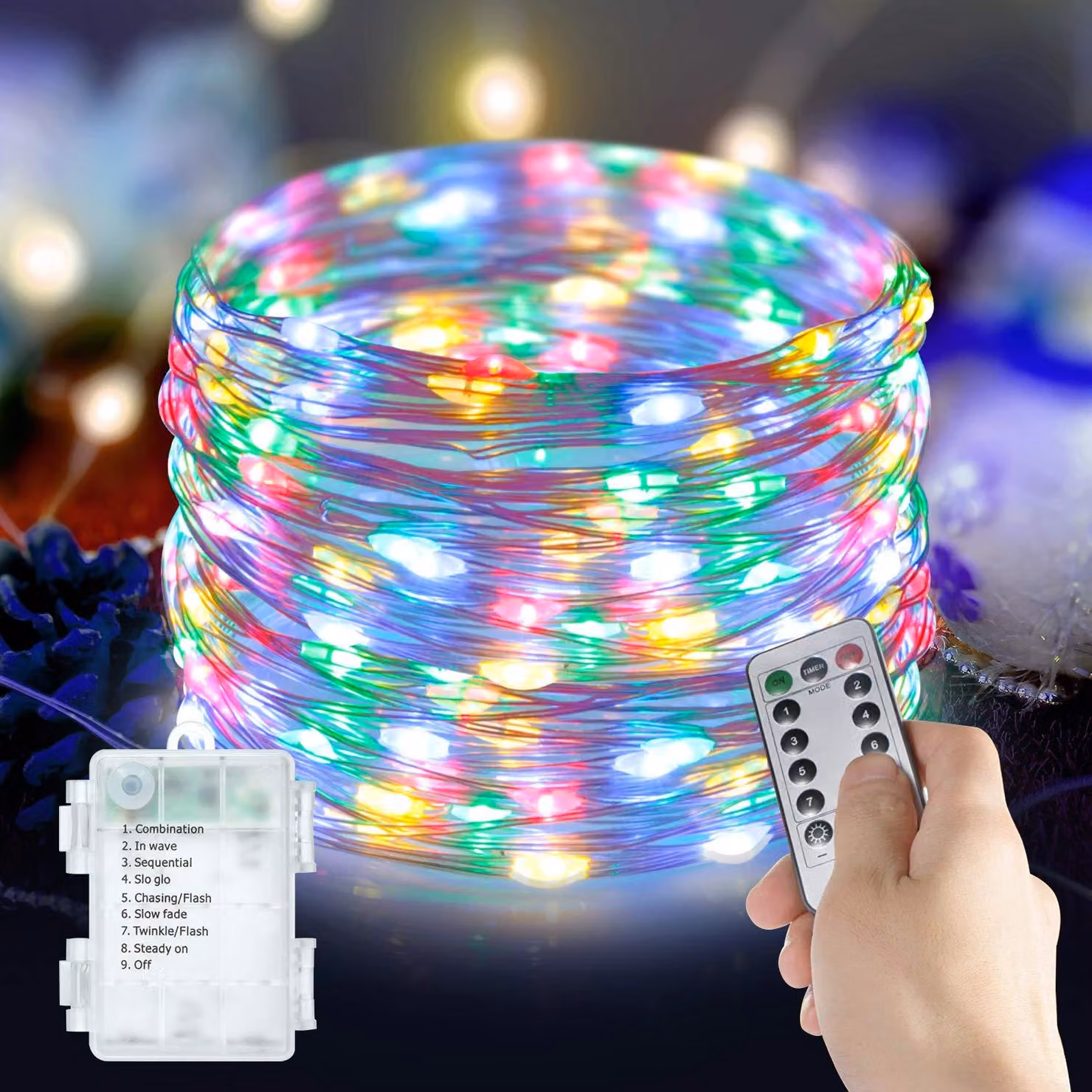 Catena luminosa a LED, 10 metri, 100 LED RGBW, con telecomando, impermeabile