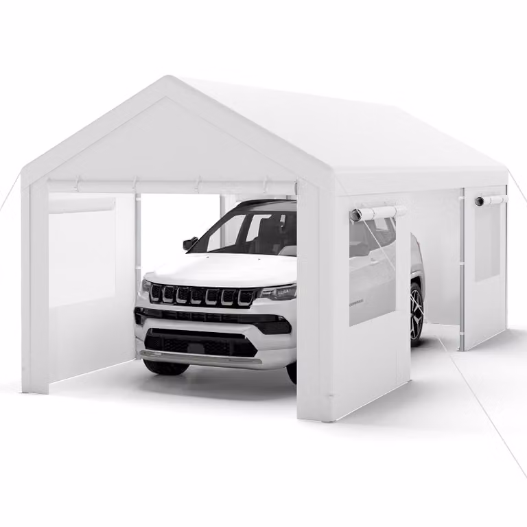 COSTWAY tenda garage carport, 586x305cm tenda garage a prova d'inverno, tenda deposito con pareti laterali rimovibili, porte a rullo e finestre ventilate bianco