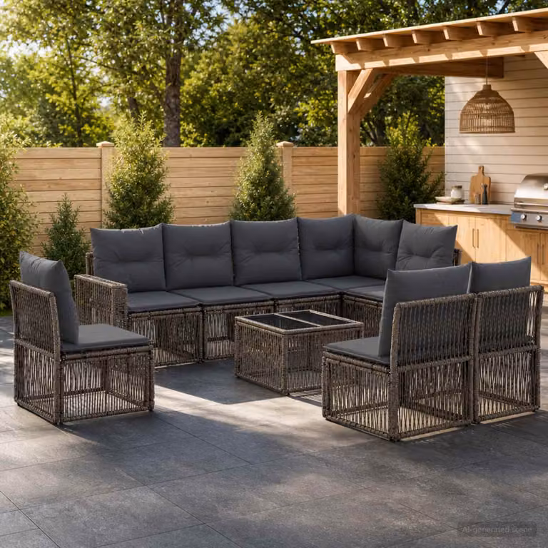 Set Divano da Giardino vidaXL 9 pz a Forma a U in Polyrattan con Tavolino e Cuscini, Grigio e Antracite
