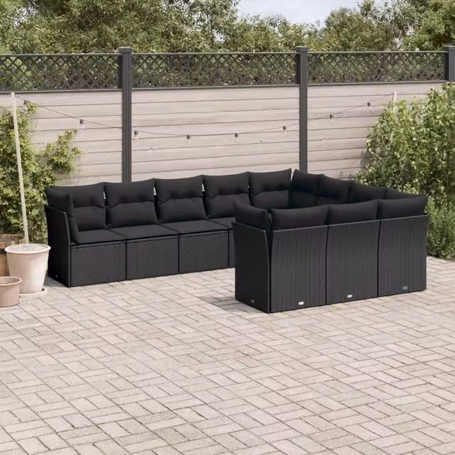 Set Divani da Giardino 10pz con Cuscini in Polyrattan Nero 3218215