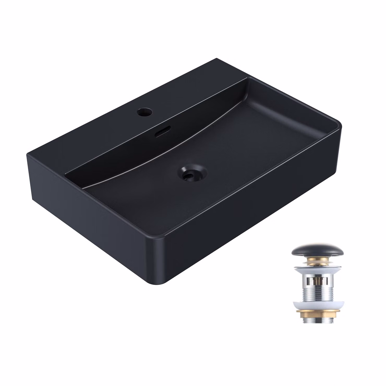 Lavabo HOROW da 60 x 42 cm con scarico a tappo pop-up in Vetroceramica, lavabo da parete nero, lavabo sospeso, lavabo rettangolare da appoggio con troppofilo