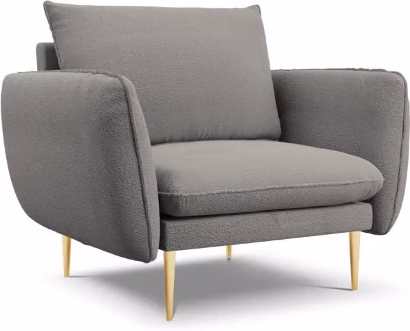 Poltrona Vienna Cosmopolitan Design in bouclé grigio con struttura in metallo e braccioli