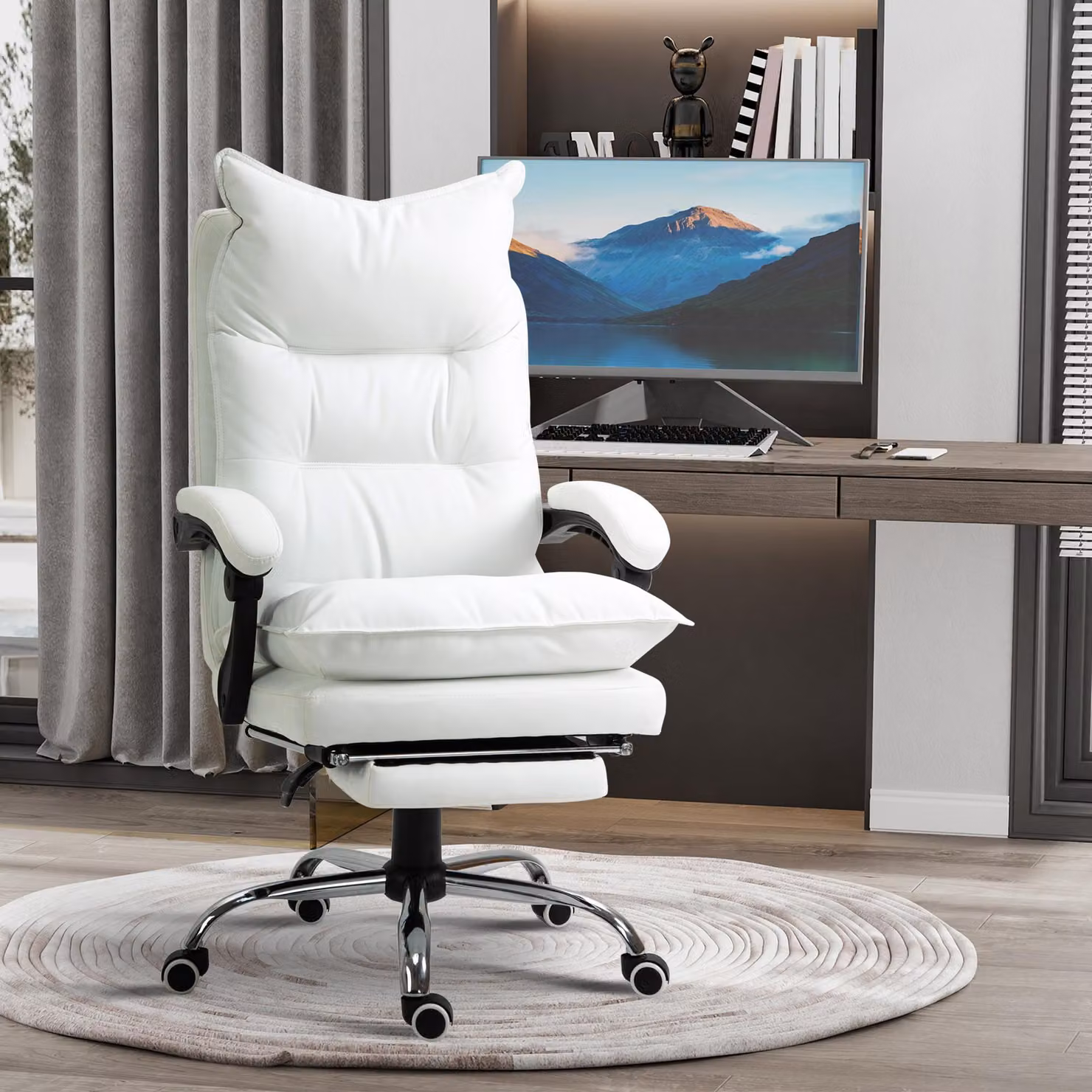 sedia da ufficio regolabile in altezza okwish sedia per computer con schienale e sedile girevole a 360°, sedia direzionale da scrivania con poggiapiedi e ruote piroettanti, bianco