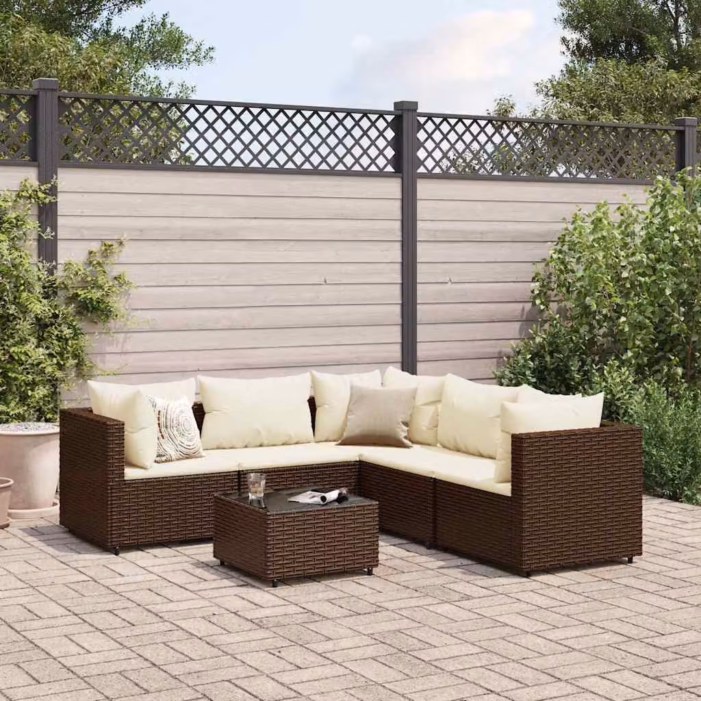 vidaXL Set di Mobili da Giardino a L in Polyrattan Marrone e Bianco con 6 Sedute e Tavolino da Caffè – 1