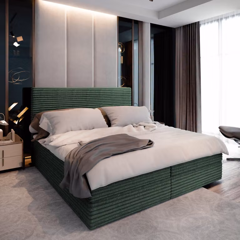 Letto a molle Masseno PISA 160x200 cm completo di materasso e topper Bonell, letto imbottito con cassettiera -Verde, TILIA 39