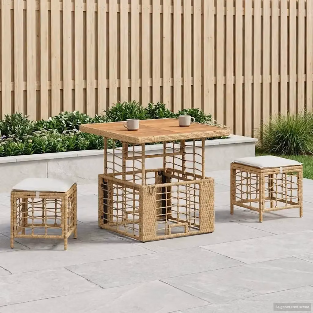 Set da Giardino in Legno di Acacia e Polyrattan con Cuscini Bianchi e Beige per Terrazza o Giardino – 2