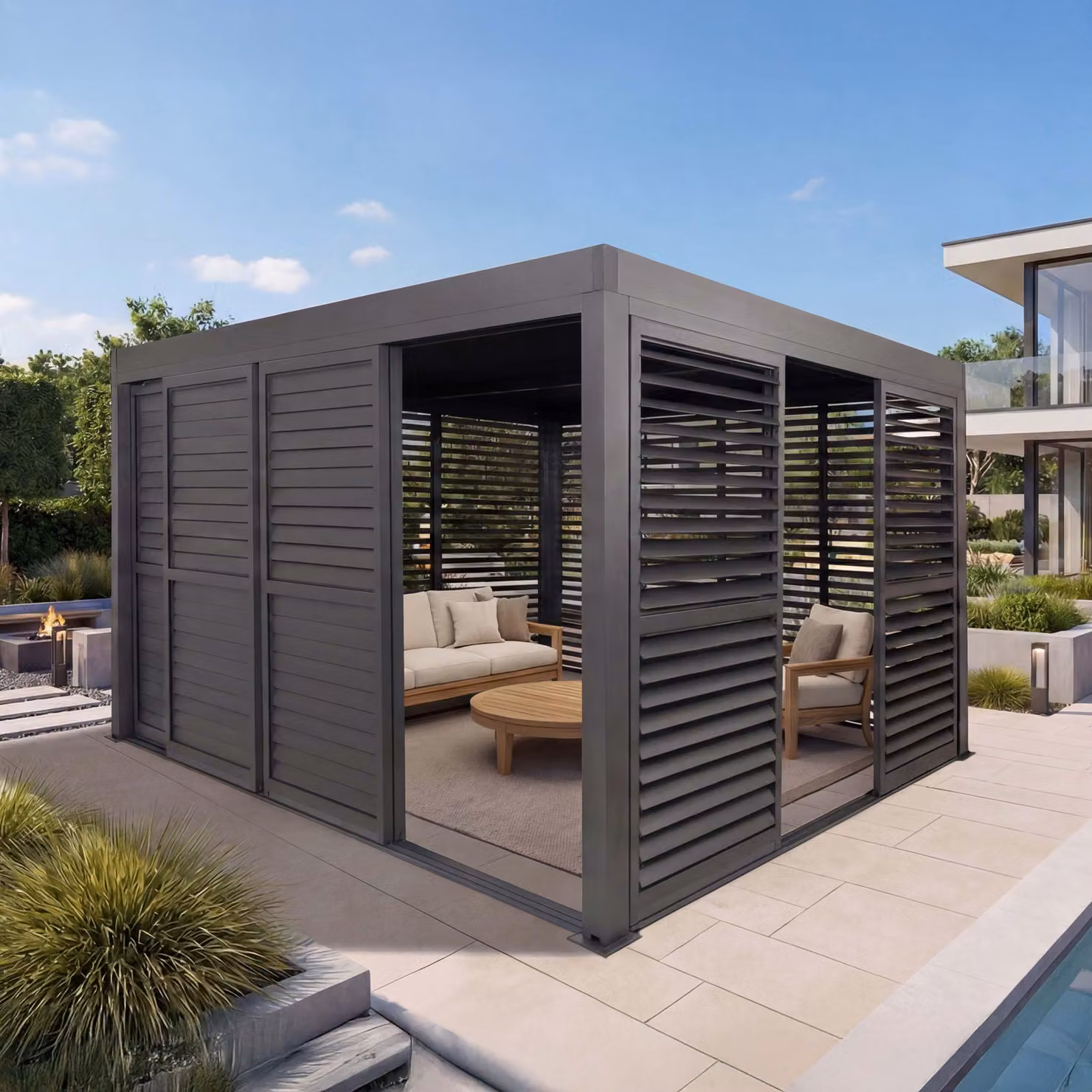 Pergola in alluminio HWC-L46, tetto a padiglione, 7x pannelli a doghe 7x porte scorrevoli, telaio 11cm, 3x4m ~ antracite