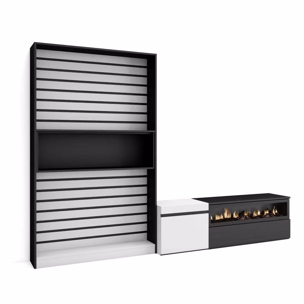 Mobile TV da soggiorno SKRAUT HOME con camino elettrico, per TV fino a 65 pollici, Bianco e nero, L/P/H: 260 x 35 x 186 cm – 2