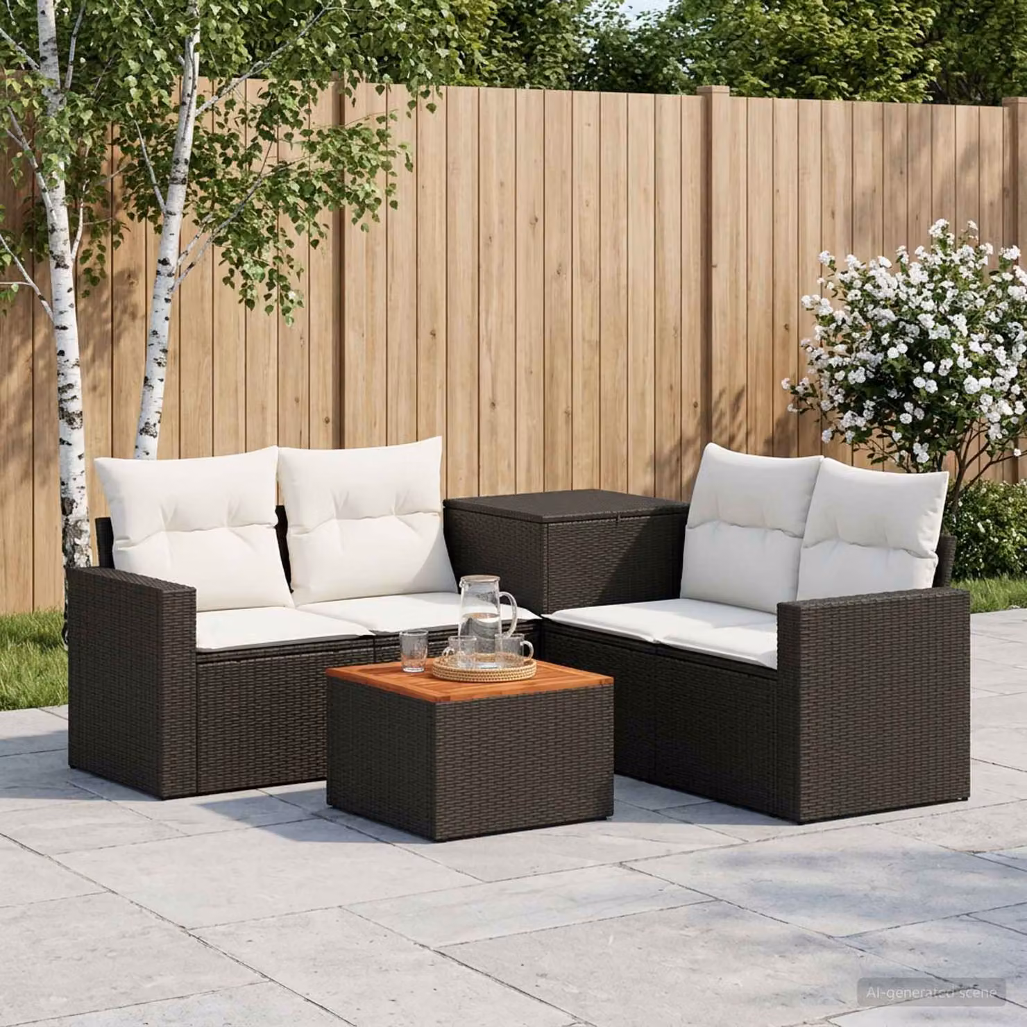 Set di divani da giardino vidaXL in polyrattan nero e bianco crema con tavolo da caffè e cuscini inclusi