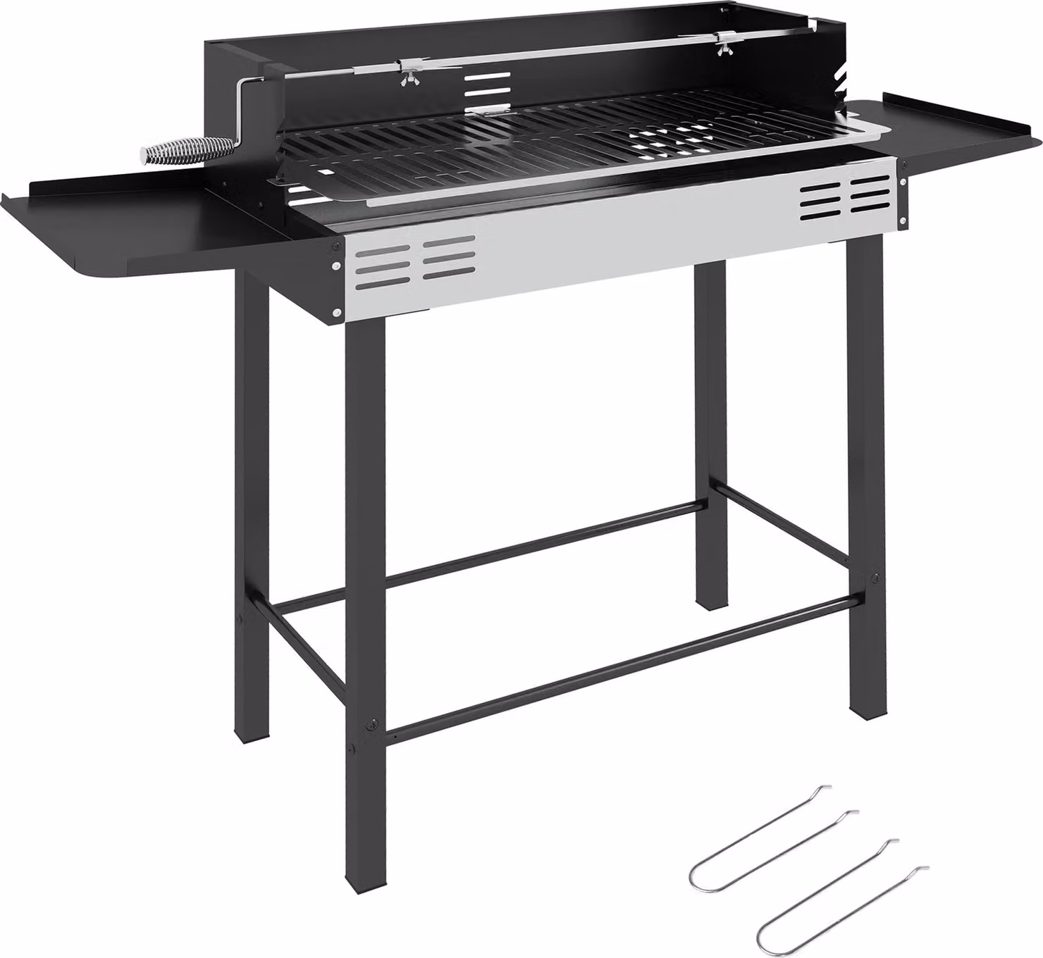 Barbecue a carbonella, griglia regolabile, 1 girarrosto, 118 x 32 x 90 cm, nero + argento