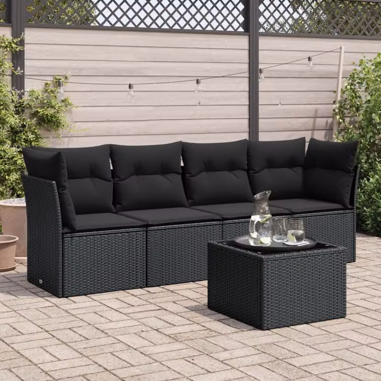vidaXL Set Divani da Giardino 5 pz a Forma a L con Cuscini in Polyrattan Nero e Tavolino da Esterno