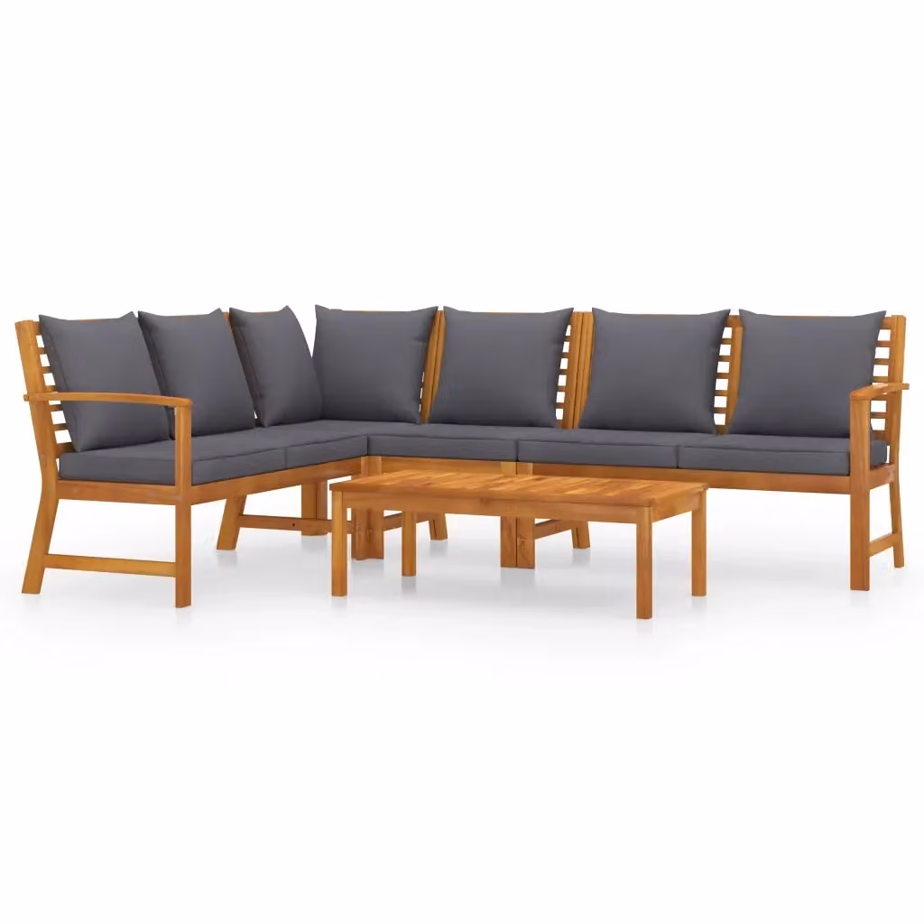 vidaXL Set Divani da Giardino a L in Legno di Acacia con Cuscini Grigi e Tavolino da Esterno – 2