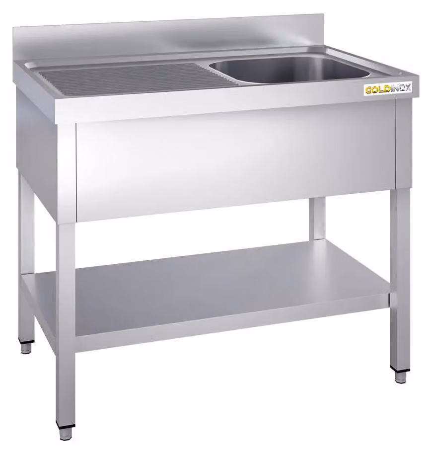 Lavello in acciaio inossidabile, dimensioni 1200x700 mm, con un vano a destra e un sistema di scolo a sinistra, modello PREMIUM della marca GOLDINOX