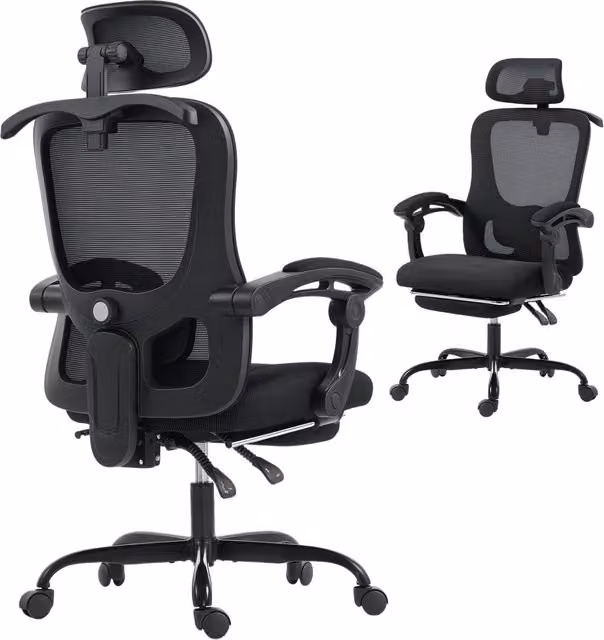 Sedia da ufficio ergonomica Minimal nera con schienale in rete e poggiatesta, L/P/H: 64 x 64 x 124 cm – 1