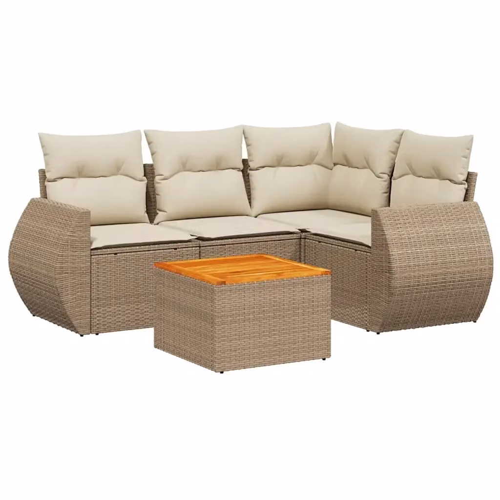 vidaXL Set Divano da Giardino a L 5 pz con Cuscini Beige e Tavolino in Polyrattan e Legno di Acacia – 2