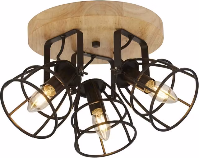 Plafoniera Industrial-Nordica Visione in Metallo e Legno Nero e Marrone con 3 Luci E14